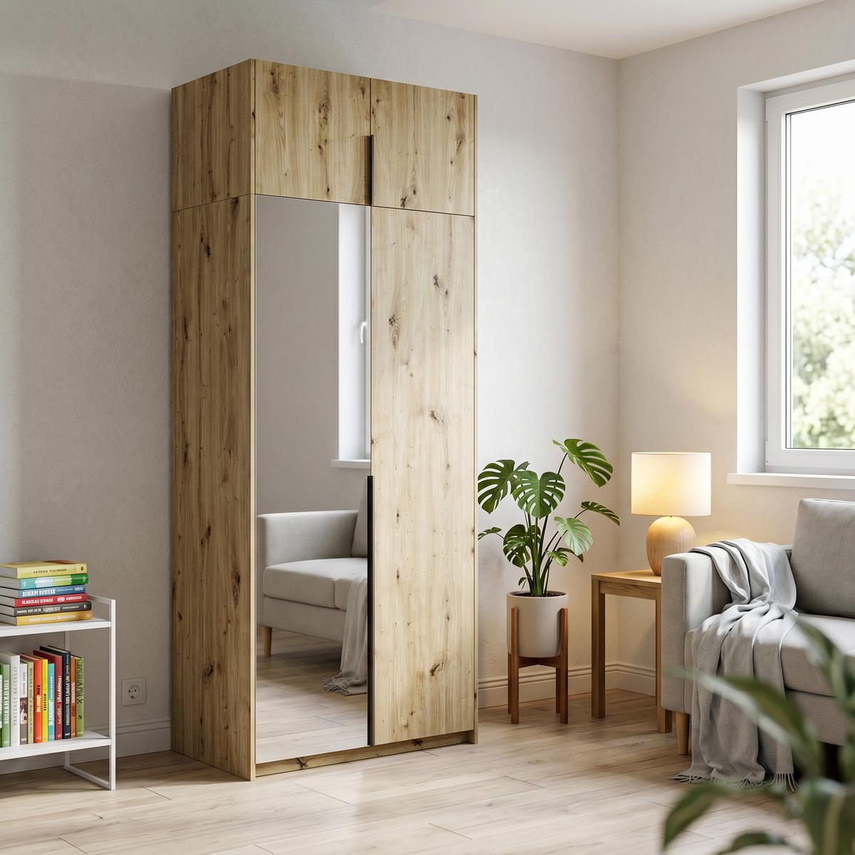 DREHTÜRENSCHRANK THALIA 100/250/58cm 2-türig mit Spiegel Eiche Artisan - Eiche Artisan, Holzwerkstoff (100/250/58cm) - MASSENO