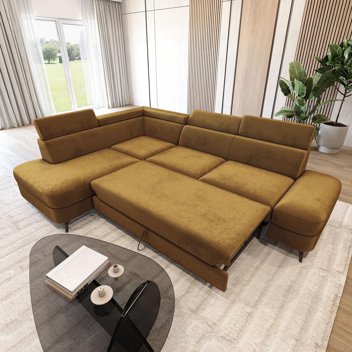 ECKSOFA AVISE M L-S Gelb Velours-Stoff mit Schlaffunktion - Gelb, Holzwerkstoff/Textil (268/195cm) - MASSENO