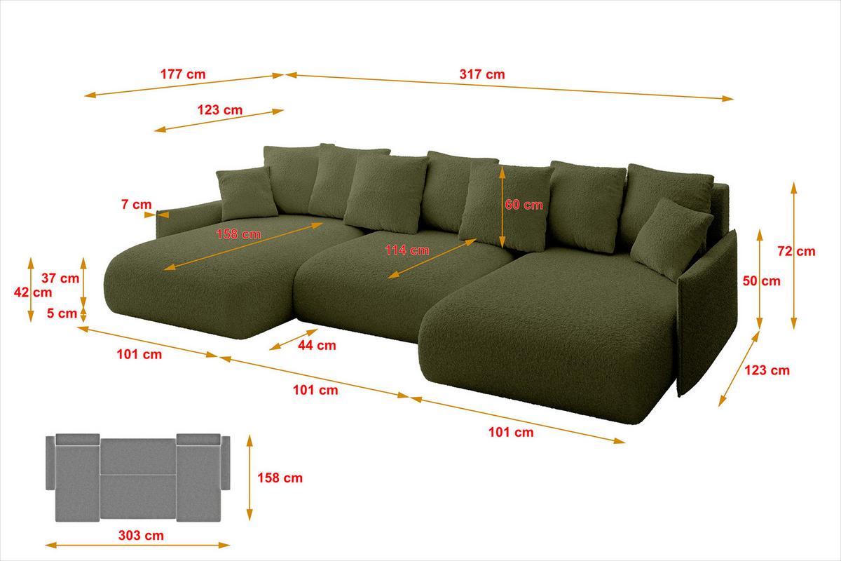 WOHNLANDSCHAFT mit Schlaffunktion und Bettkasten ONESK-U-v1 317x177x72 Grün Bouclé - Olivgrün, Holzwerkstoff/Kunststoff (317/72/177cm) - ALTDECOR