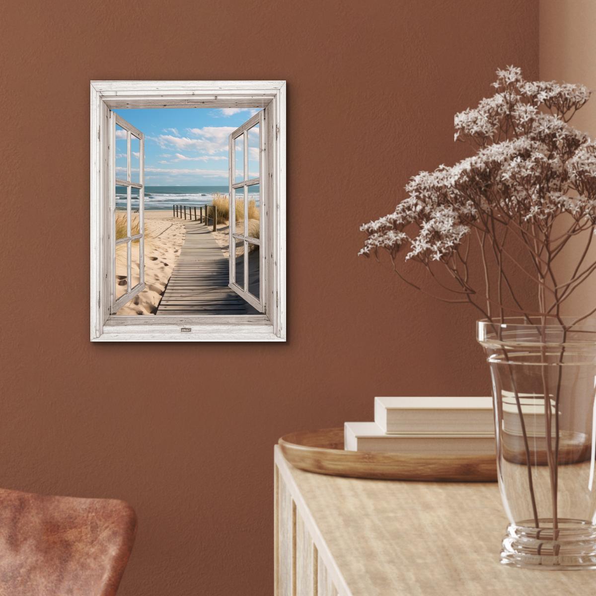 METALLBILD Fenster - Meer - Küste - Natur - Ausblick - Strand - Wattenmeer 30x40 cm - Beige, Metall (30/40cm) - MuchoWow
