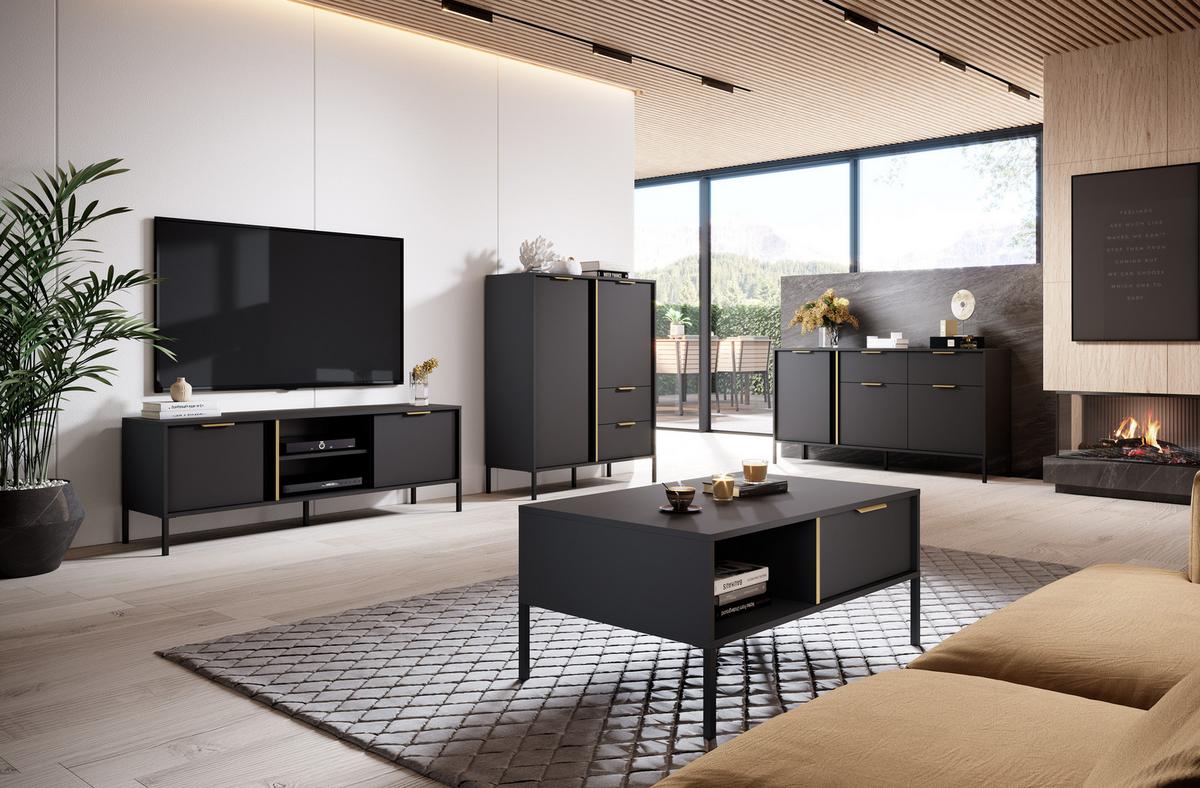 SIDEBOARD Catanian 4T Grau 202,9/81,4/39,5 cm – mit goldenen Griffen und schwarzen Beinen - Schwarz/Grau, Holzwerkstoff/Metall (202.9/81.4/39.5cm) - AX Living