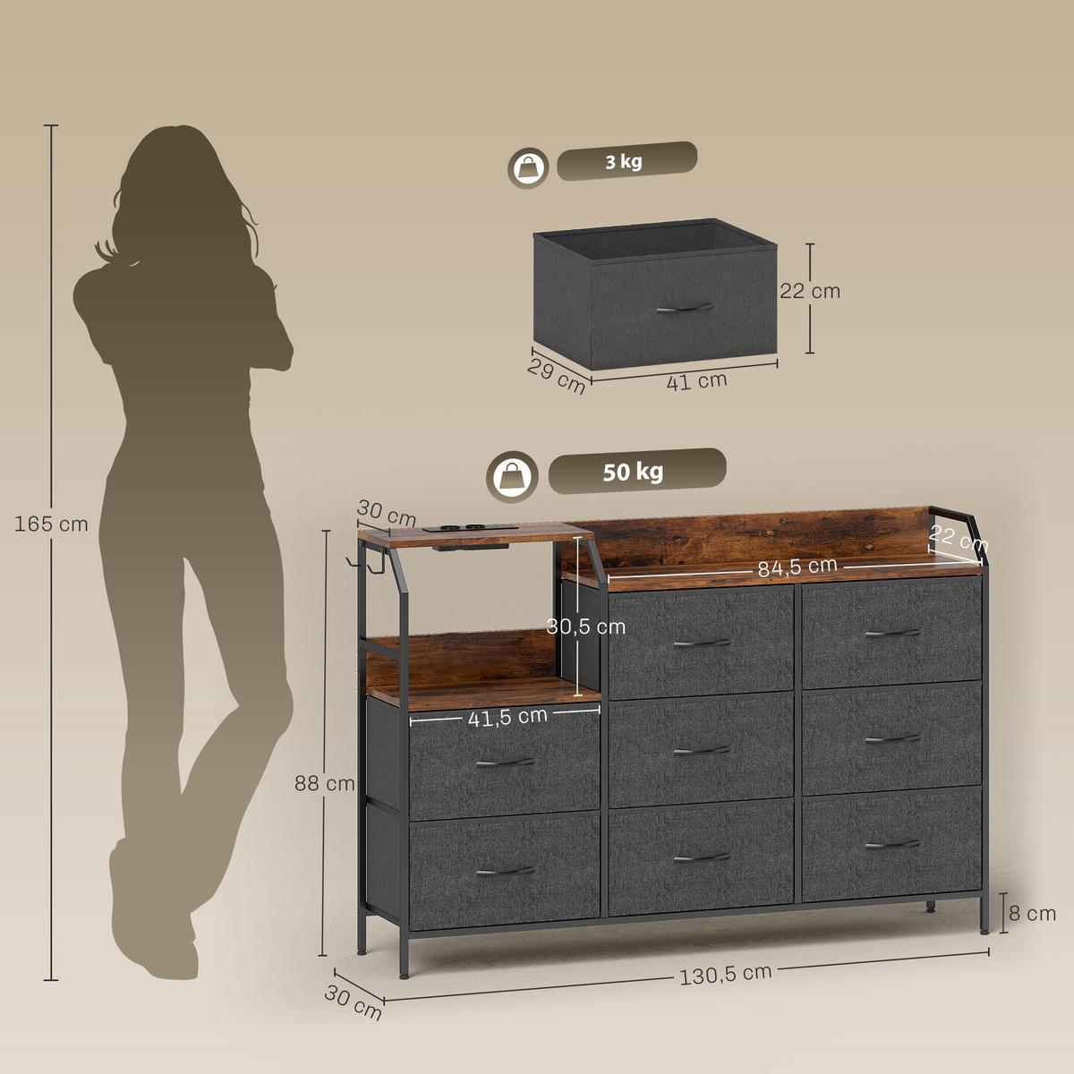 KOMMODE Schrank mit 8 Schubladen aus Vliesstoff Ladestation Haken Stahlrahmen - Multicolor/Schwarz, Kunststoff/Textil (30/88/130.5cm) - HOMCOM