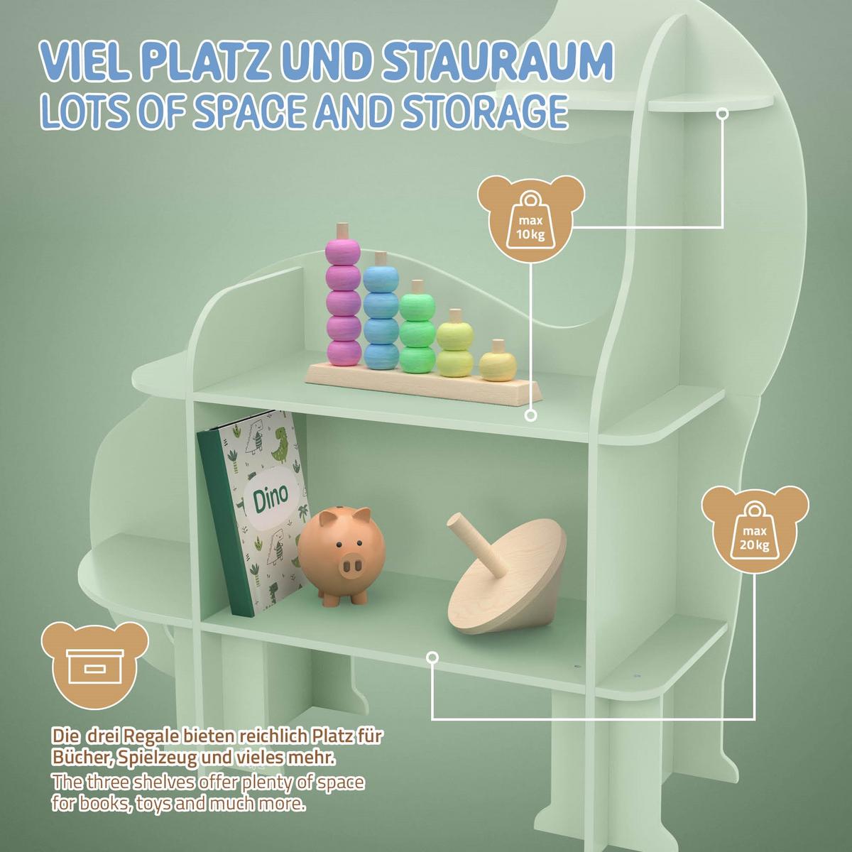 KINDERREGAL Dino 110x31x110 cm aus Holz Grün - Naturfarben, Holz (110/110/31cm) - Joyz