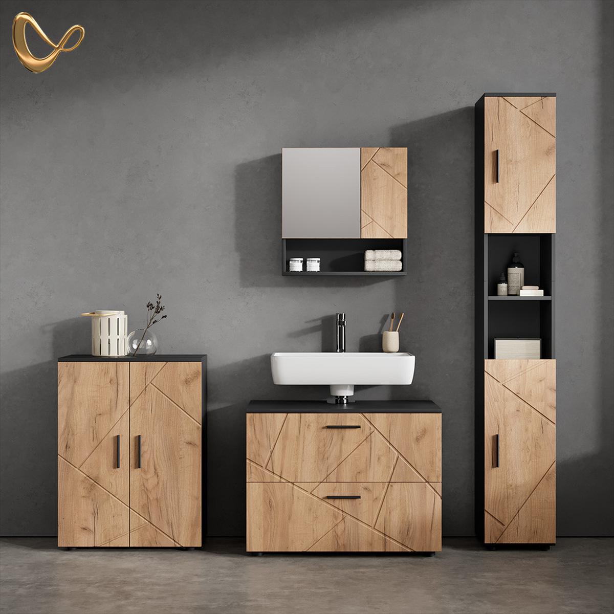 BADMÖBEL-SET Ronco Goldkraft Eiche/Anthrazit 4 Teile, mit Schubladenschrank und Midischrank - Honigeiche/Anthrazit, Holzwerkstoff (80/58/41cm) - Livinity®