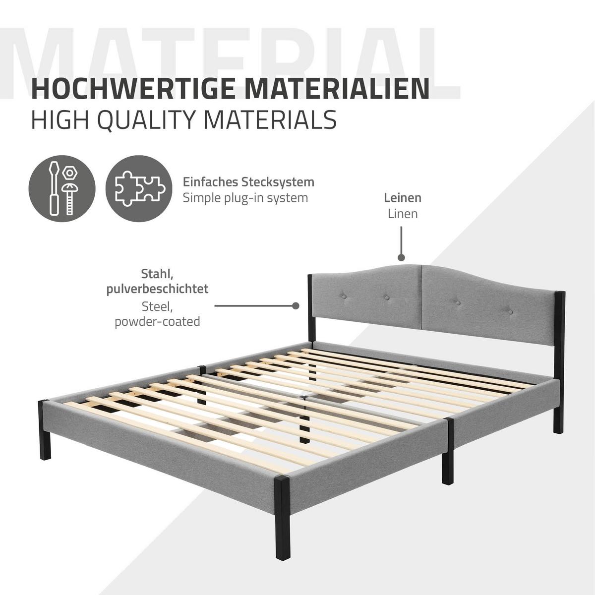 POLSTERBETT 160x200 cm Grau mit Lattenrost und Leinenstoff - Grau, Holzwerkstoff/Textil (160/200cm) - ML-DESIGN