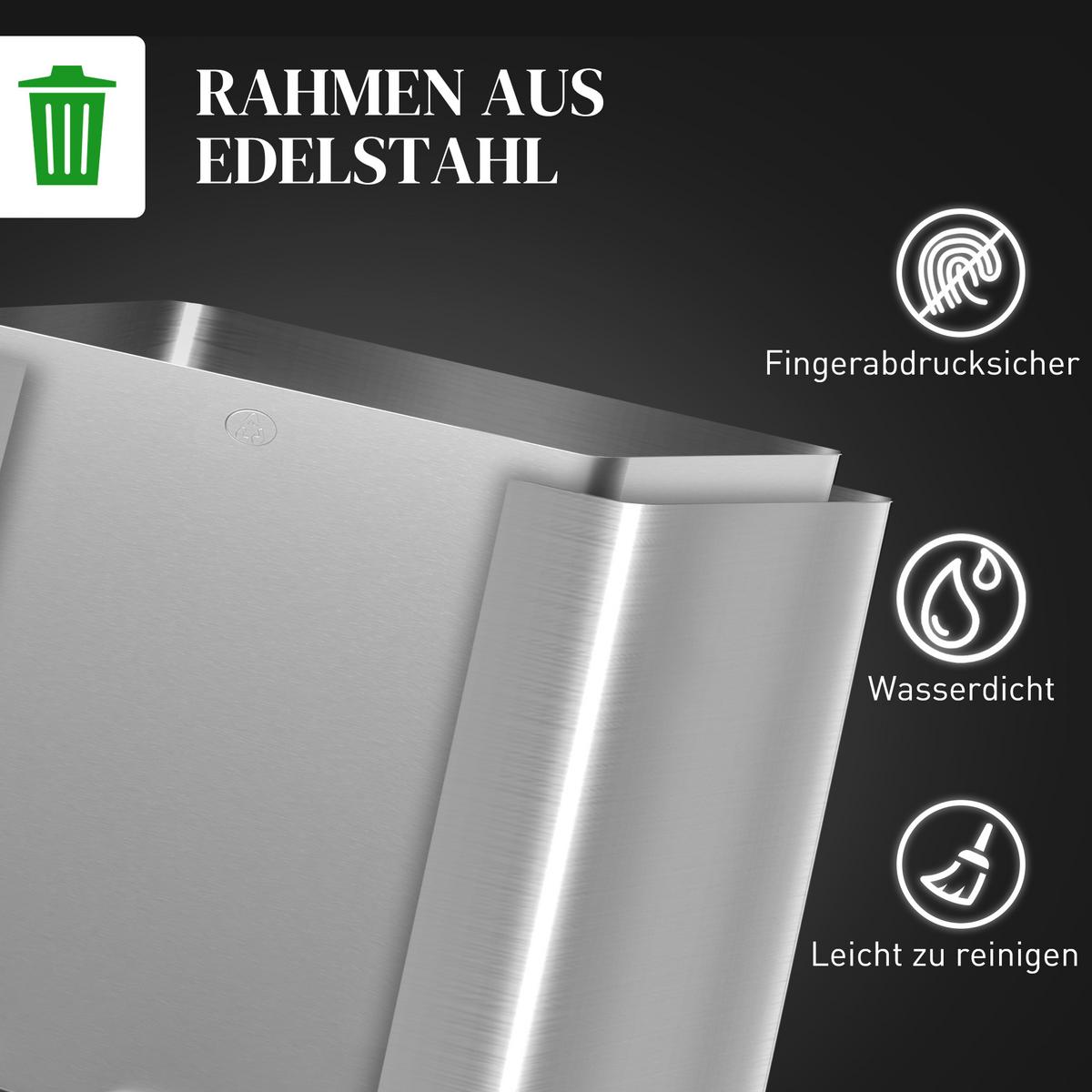 MÜLLEIMER 3x20L Abfalleimer aus Edelstahl mit Softclose Deckel Deodorant-Fächern - Silberfarben, Metall (36.6/43.2/61.9cm) - HOMCOM