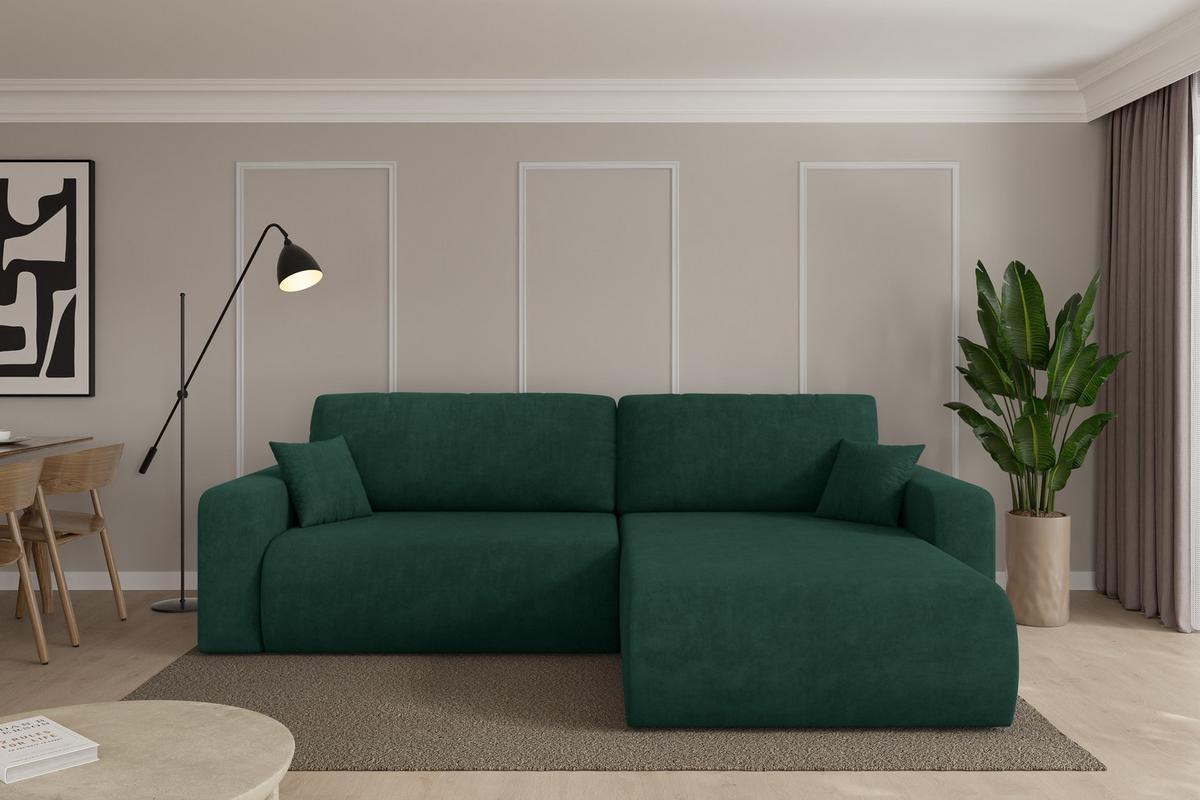 ECKSOFA mit Schlaffunktion Ottomane Rechts BERY-L 276x193x88 Grün Velours - Schwarz/Grün, Holzwerkstoff/Kunststoff (276/193cm) - ALTDECOR
