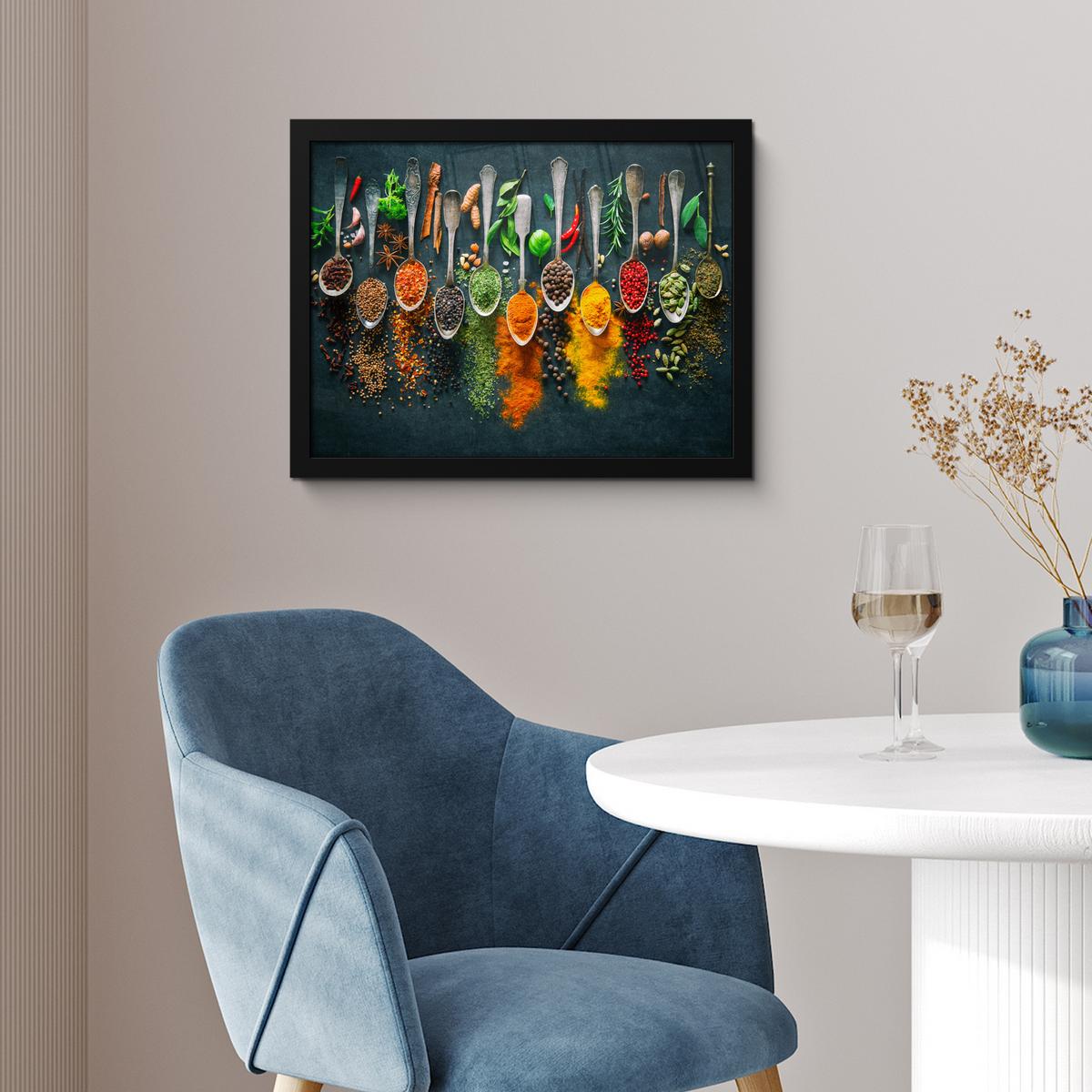 POSTER MIT RAHMENGERAHMTES BILD Kräuter - Gewürze - Löffel 40x30 cm - Currygelb, Papier (40/30cm) - MuchoWow