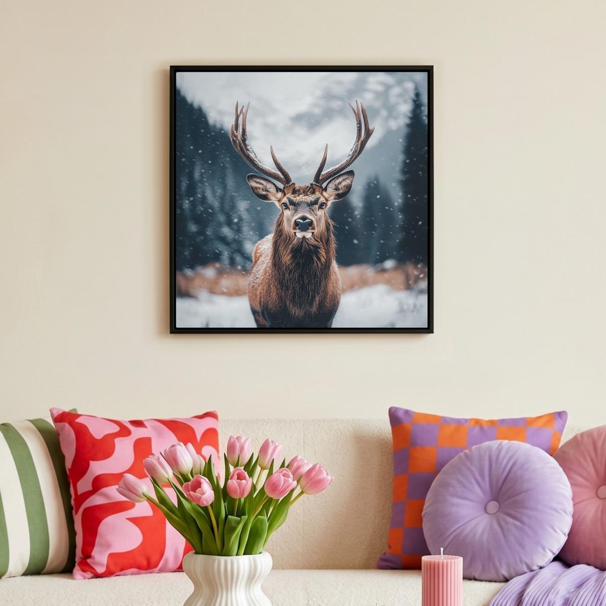 LEINWAND Bilder mit Rahmen - Hirsche - Tiere - Landschaft - Winter - Schnee - 50x50 - Kastanienfarben, Textil (50/50cm) - MuchoWow
