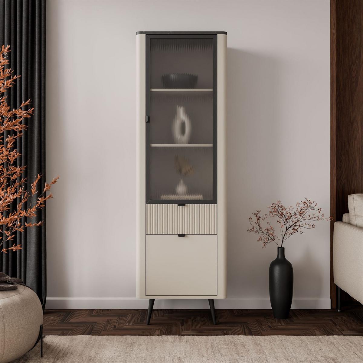 VITRINE schmal AUTUMN 1D1S1W mit Schublade, Kaschmir / Grauer Stein - Beige/Grau, Holzwerkstoff (60/191/40cm) - Lookway