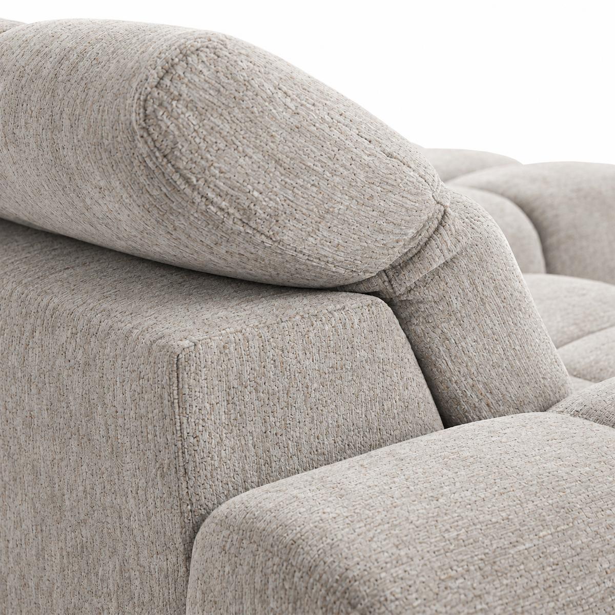 ECKSOFA Marco Mini mit elektrisch ausfahrbarem Sitz und verstellbaren Kopfstützen, Rechts, Chenille-Stoff, Beige - Beige/Schwarz, Textil (275/182cm) - Beautysofa