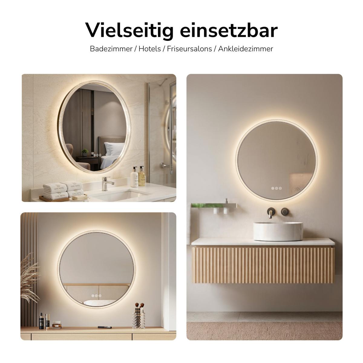 BADSPIEGEL Rund mit LED-Beleuchtung Ø 60 cm, schwarzer Rahmen, 3 Lichtfarben, beschlagfrei - Schwarz, Glas (60/60/4.3cm) - EMKE