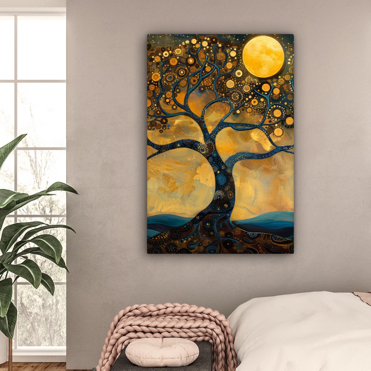 LEINWANDBILD Baum - Mond - Blumen - Gold - Kunst Deko XXL 80x120 cm - Orange, Textil (80/120cm) - MuchoWow