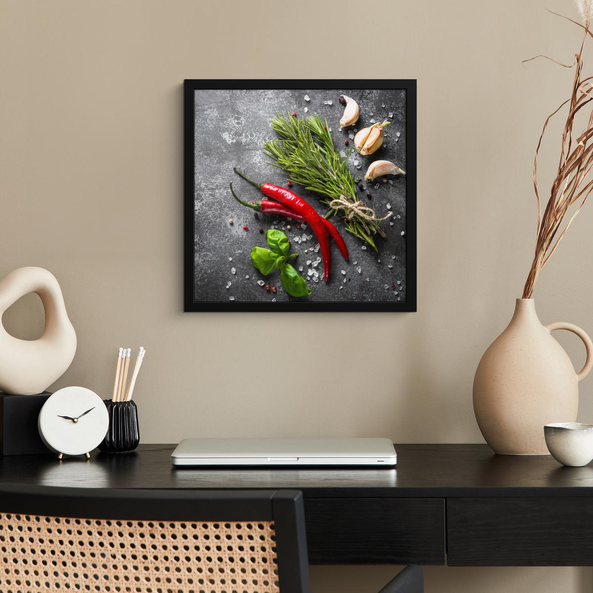 POSTER MIT RAHMENGERAHMTES BILD Pfeffer - Kräuter - Gewürze - Beton 40x40 cm - Dunkelgrau, Papier (40/40cm) - MuchoWow