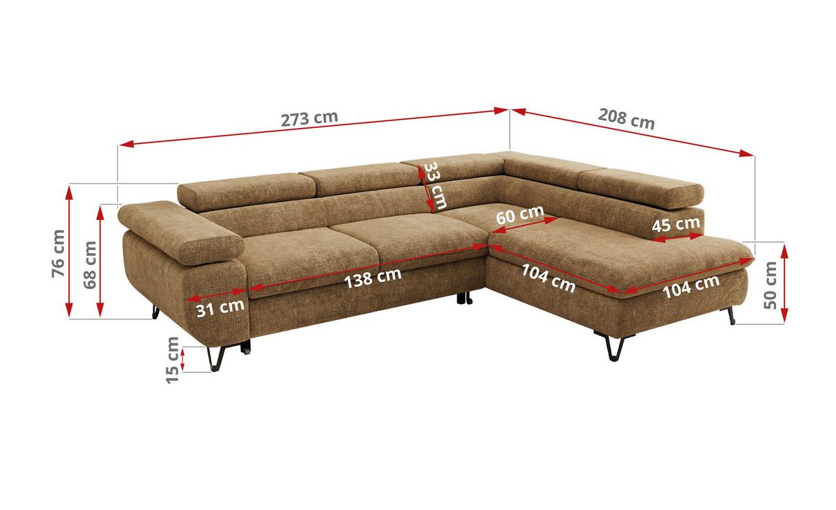ECKSOFA PABLO L Hellbraun Schenille grob gewebt - Links Seite mit Visco Topper - Hellbraun/Schwarz, Textil/Metall (208/273cm) - MKS