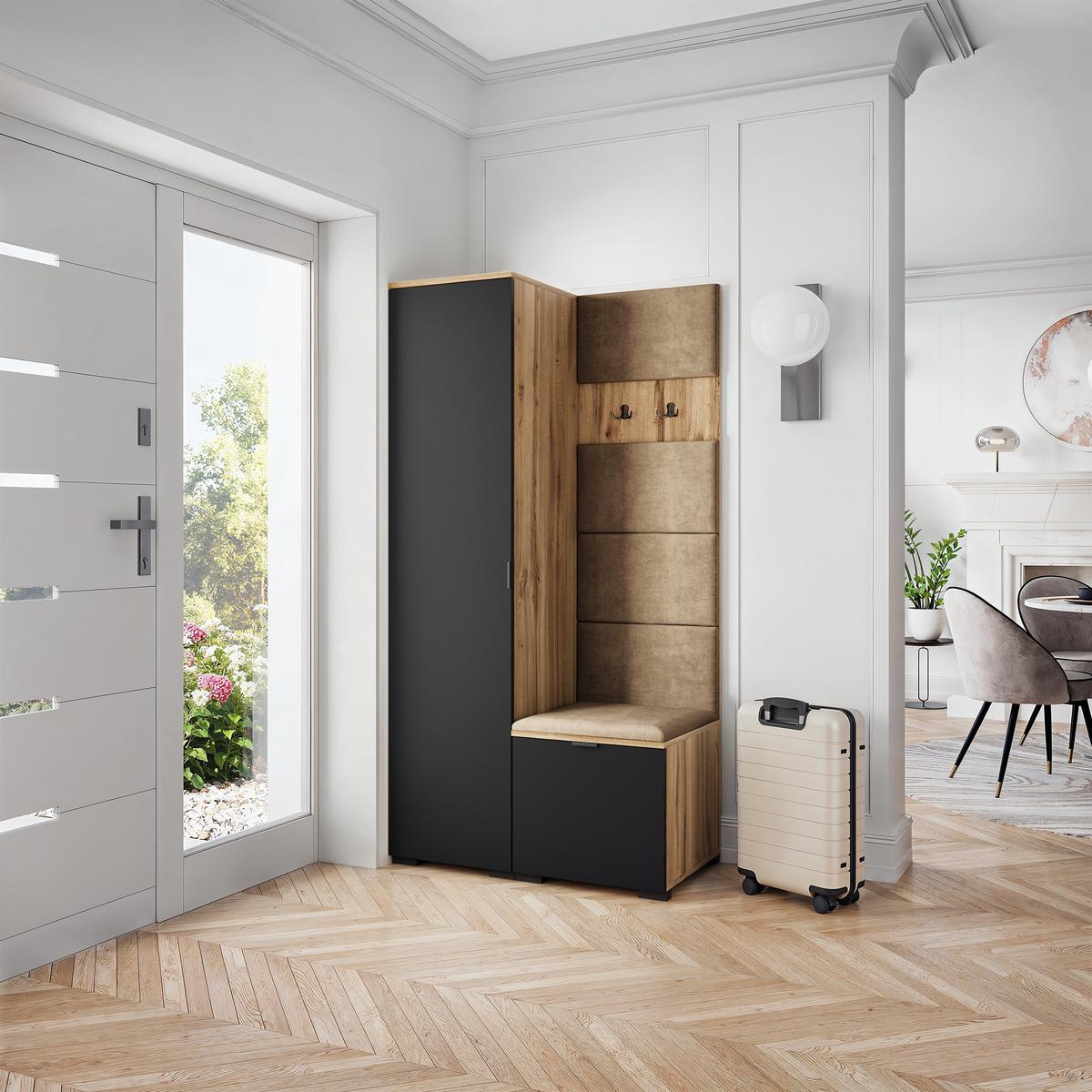 GARDEROBENSCHRANK LORI 95/181/51 cm Modern Garderobe-Set Eiche Wotan - Eiche Wotan/Schwarz, Holzwerkstoff (95/181/51cm) - MASSENO