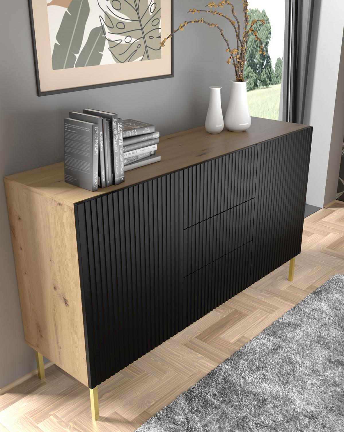 KOMMODE Artisan Eiche, Schwarz, Gold 150/87/42 - Schwarz, Holzwerkstoff (150/87/42cm) - RAUMHIRSCH FURNITURE