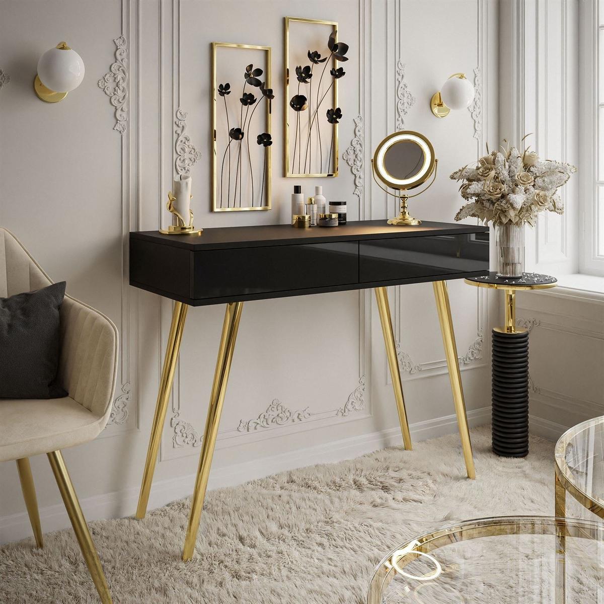 KONSOLE SIENNA GOLD mit Schubladen auf goldenen Beinen PUSH OPEN - Schwarz Hochglanz, Holzwerkstoff (100/81/42cm)