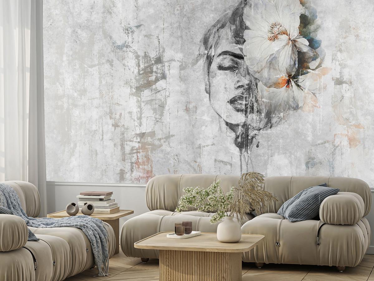 FOTOTAPETE für Schlafzimmer Frau Porträt Blume Beton Abstraktion 400x280 - Blau/Orange, Papier (400/280cm) - Muralo