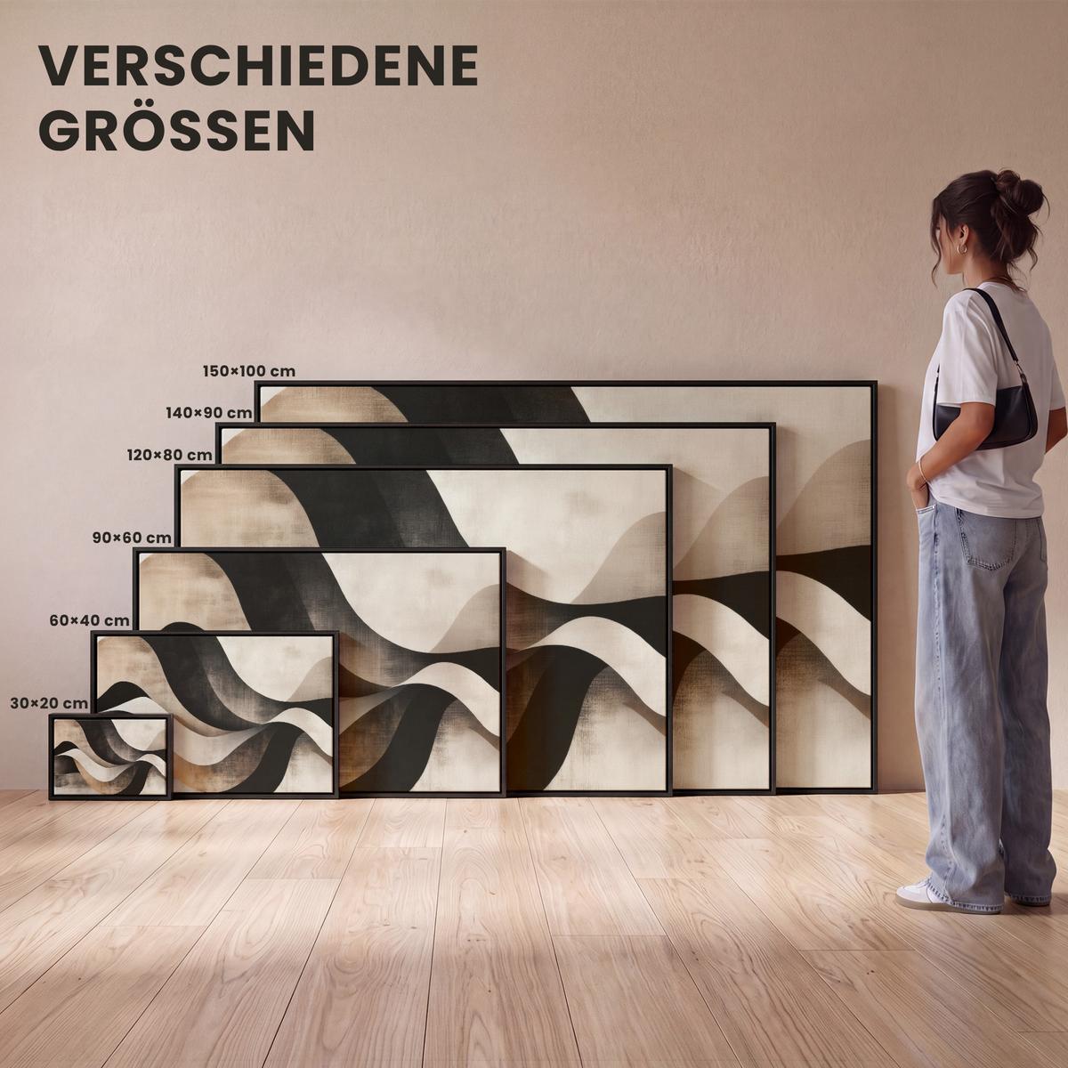 LEINWAND Bilder mit Rahmen - Abstrakt - Wellen - Schwarz - Verwittert - 150x100 - Trüffeleichefarben, Textil (150/100cm) - MuchoWow