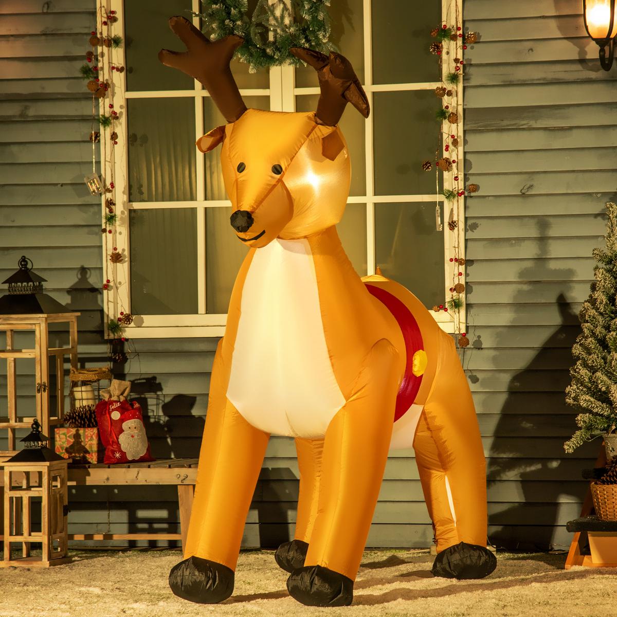 AUFBLASBARES Weihnachts-Rentier 180 cm aufblasbare Weihnachtsdeko mit LED - Gelb, Textil (80/180/155cm) - HOMCOM