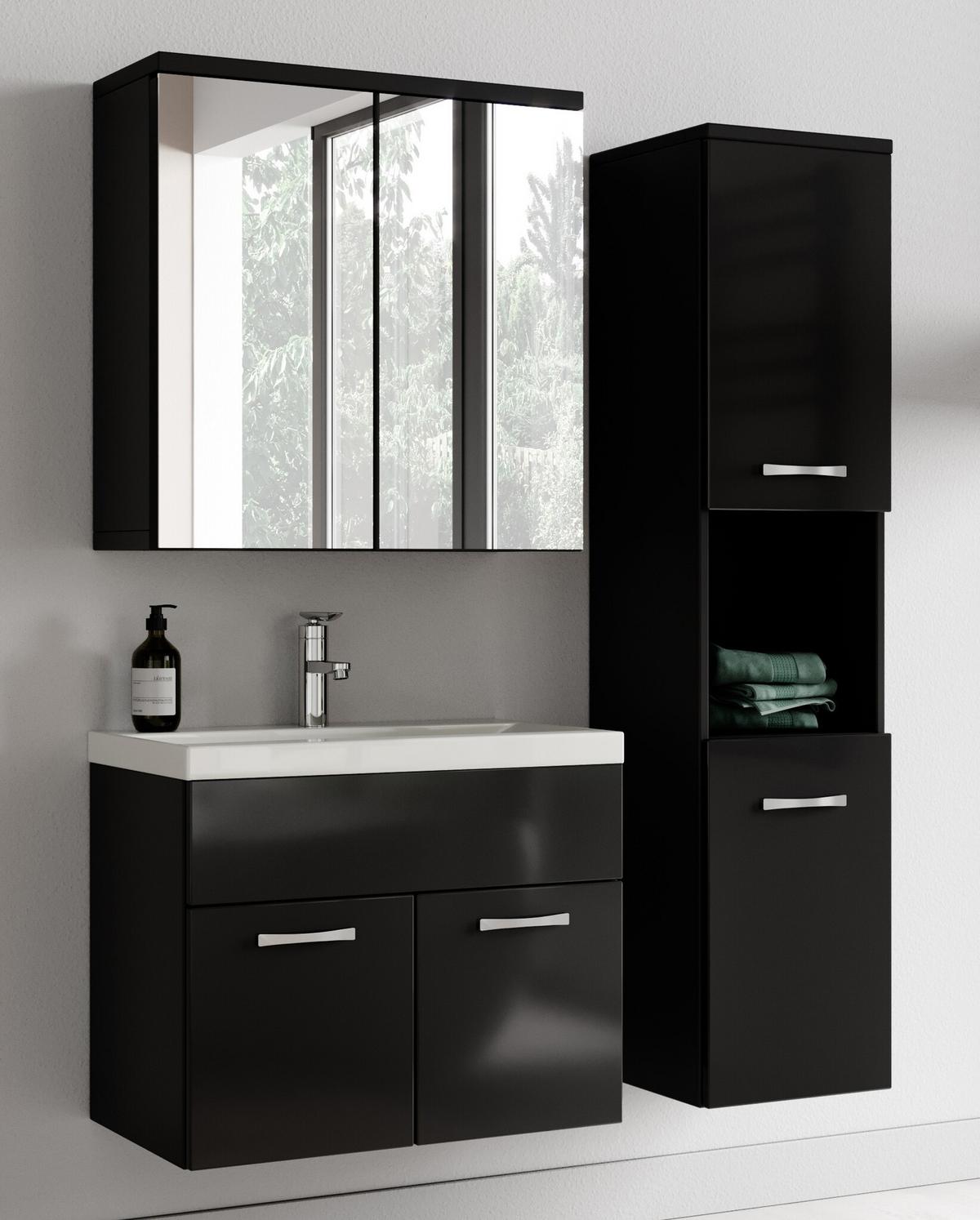 BADMÖBEL-SET Montreal 3 Teile Schwarz Hochglanz - 60 x 35 x 51 cm - Schwarz, Holz (60/53/35cm) - Badplaats