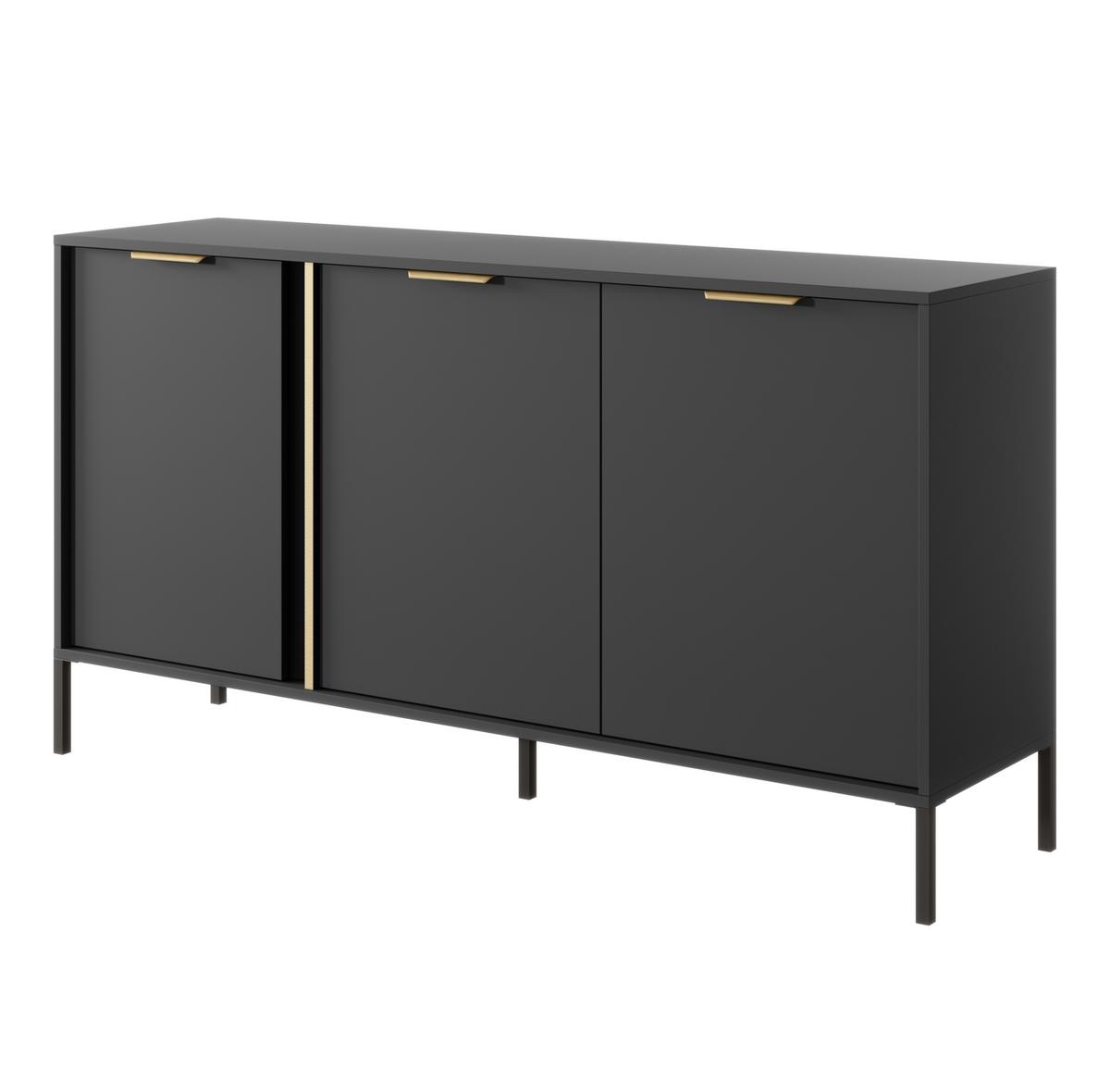 SIDEBOARD Catanian 3T Grau 153,1/81,4/39,5 cm – mit goldenen Griffen und schwarzen Beinen - Schwarz/Grau, Holzwerkstoff/Metall (153.1/81.4/39.5cm) - AX Living