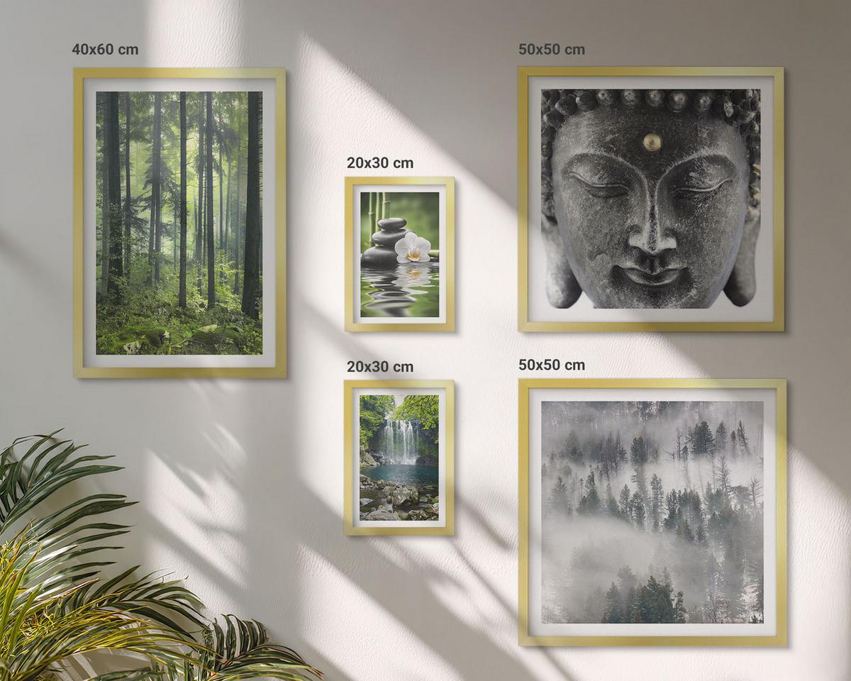 BILDER SET 5er Set - 50x50 cm & 20x30 cm & 40x60 cm Goldrahmen - Harmonie der Natur, Steine, Wasser, Buddha - Goldfarben, Kunststoff (40/60cm) - TULUP