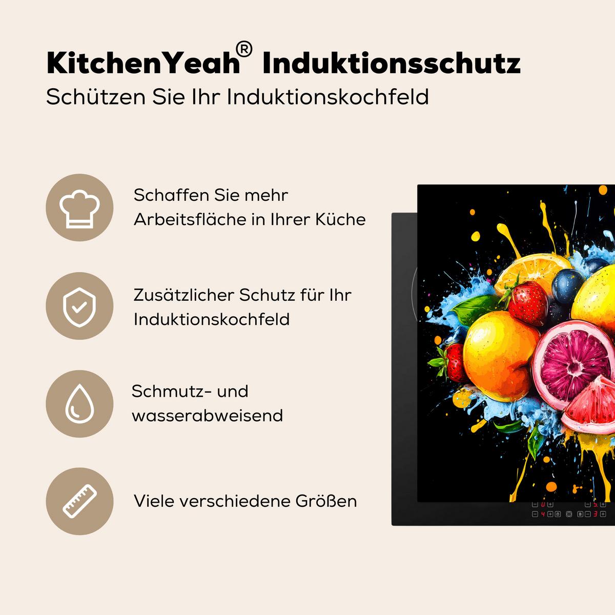 HERDABDECKPLATTE Obst - Graffiti - Bunt - Orange - Erdbeere - Abstrakt Abdeckung Ceranfeld 58.3x51.3 cm - Orange, Kunststoff (58.3/51.3/0.2cm) - MuchoWow