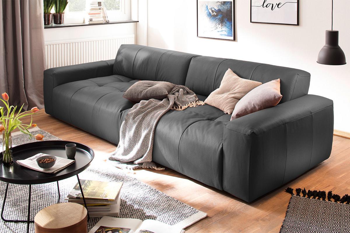 LEDERSOFA MIT SITZTIEFENVERSTELLUNG PALACE Schwarz Leder Relaxfunktion - Schwarz, Leder (298/74/120cm) - KAWOLA