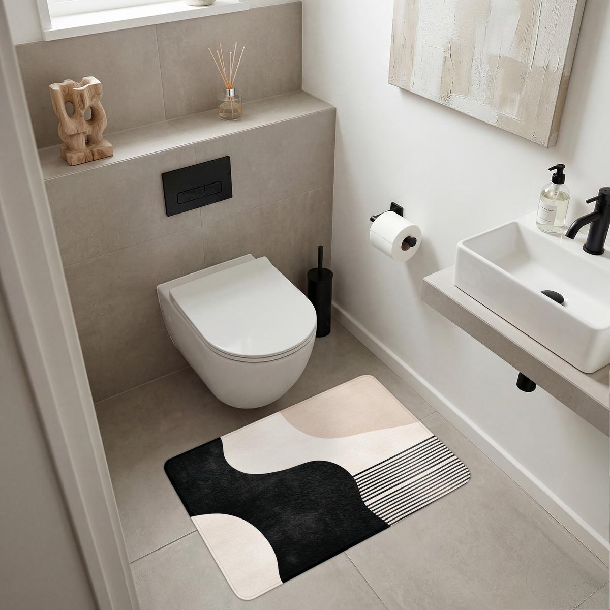 BADEMATTE Abstrakt - Japandi - Beige - Modern 90x60 cm - Beige/Schwarz, Textil (90/60cm) - OnlyWow