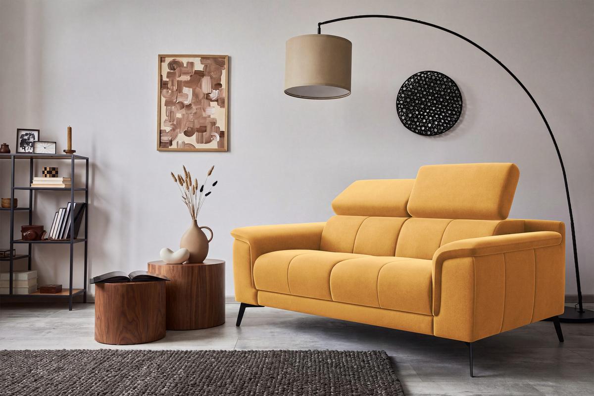 SOFA FIERO 2-Sitzer, Gelber Veloursstoff - Gelb/Schwarz, Holz/Textil (170/82/103cm) - Courtois Laville