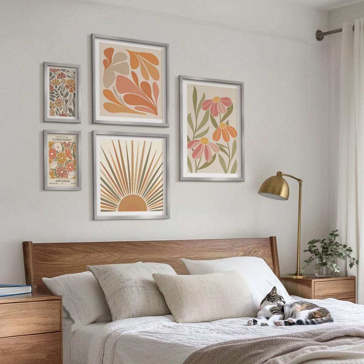 BILDER SET 5er Set - 50x50 cm & 20x30 cm & 40x60 cm Silberner Rahmen - Pastellfarbene Sonnenblumen - Silberfarben, Kunststoff (40/60cm) - TULUP