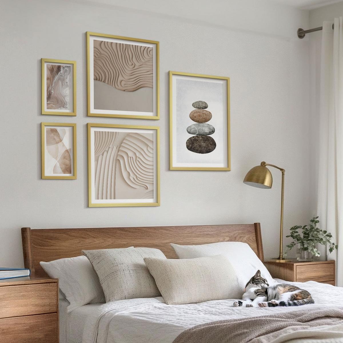 BILDER SET 5er Set - 50x50 cm & 20x30 cm & 40x60 cm Goldrahmen - Abstrakte bemalte Strukturen - Goldfarben, Kunststoff (40/60cm) - TULUP