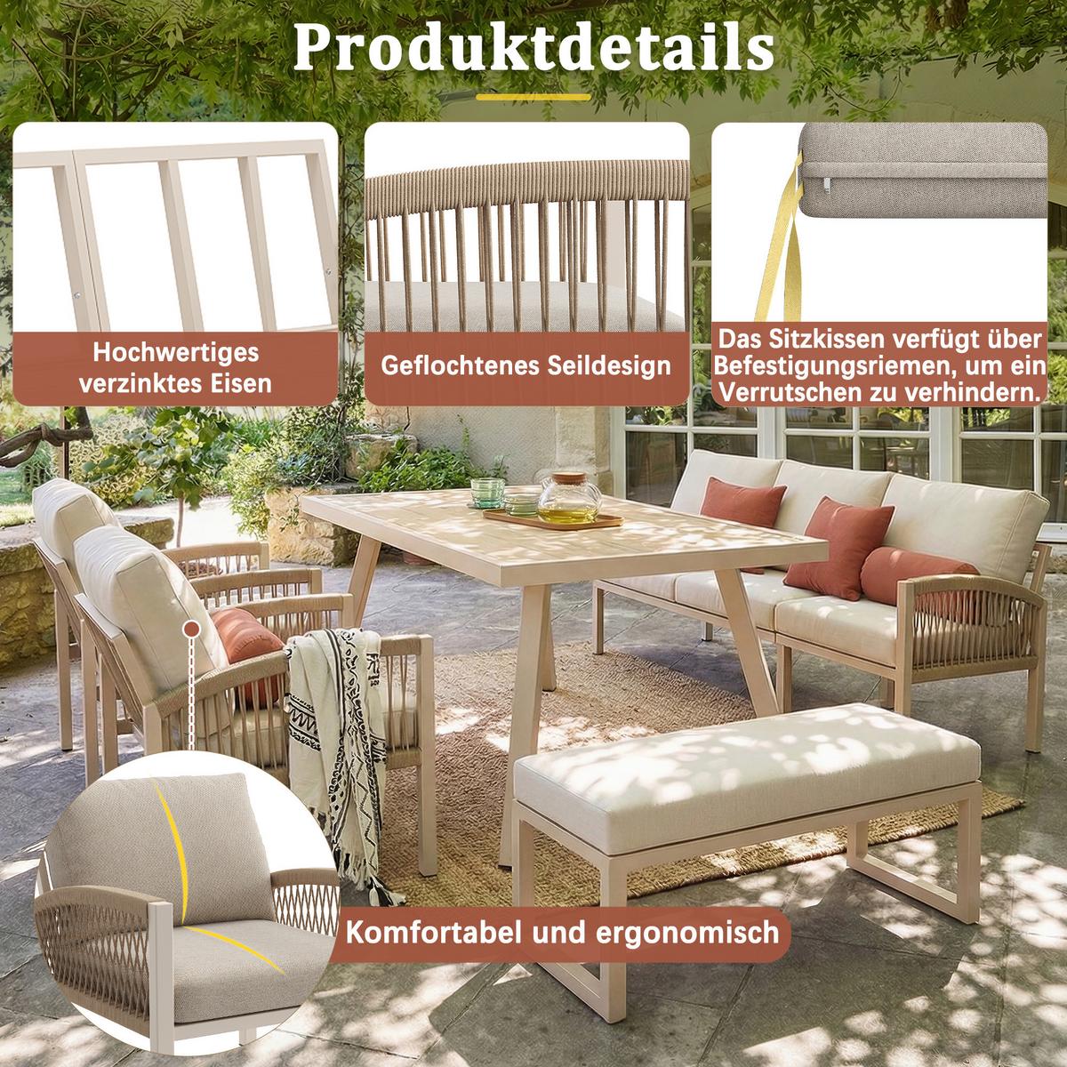 LOUNGEGARNITUR 7-tlg. Eisen Beige Gartensofa mit Tisch, Sesseln & Bank - Beige, Metall - Urban Meuble
