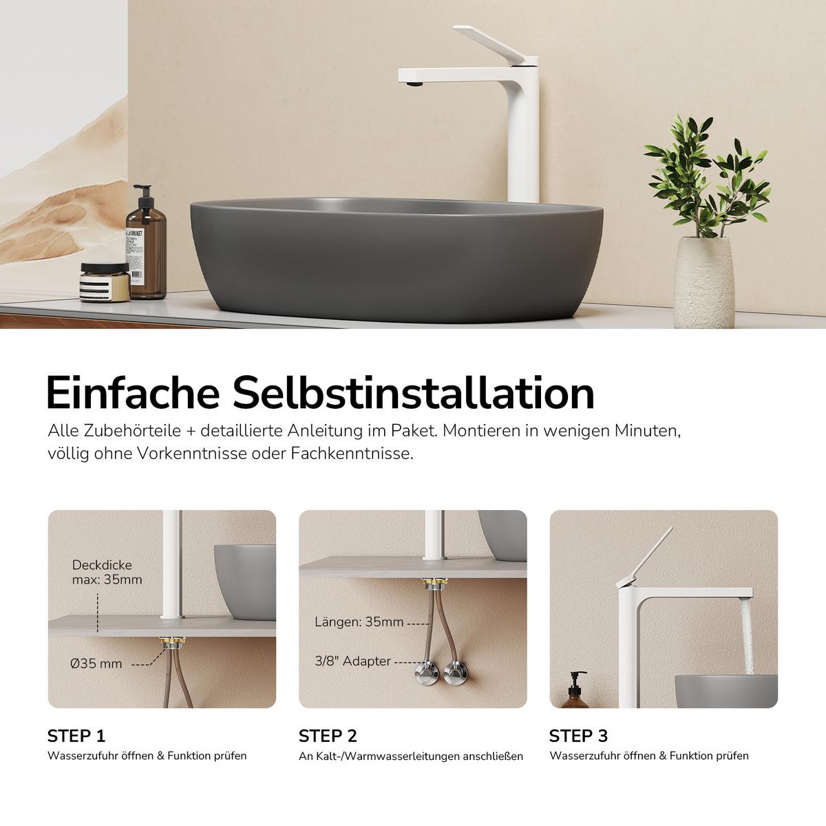 WASCHTISCHARMATUR mit Zertifiziertem Filterelement Weiß Matt Hoher Stil - Weiß, Metall (23.3/4.6/33.5cm) - EMKE