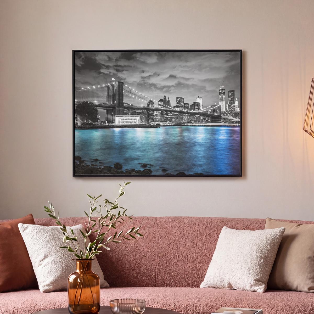 LEINWAND Bilder mit Rahmen - New York - Skyline - Stadt - Blau - 80x60 - Blaugrau, Textil (80/60cm) - MuchoWow