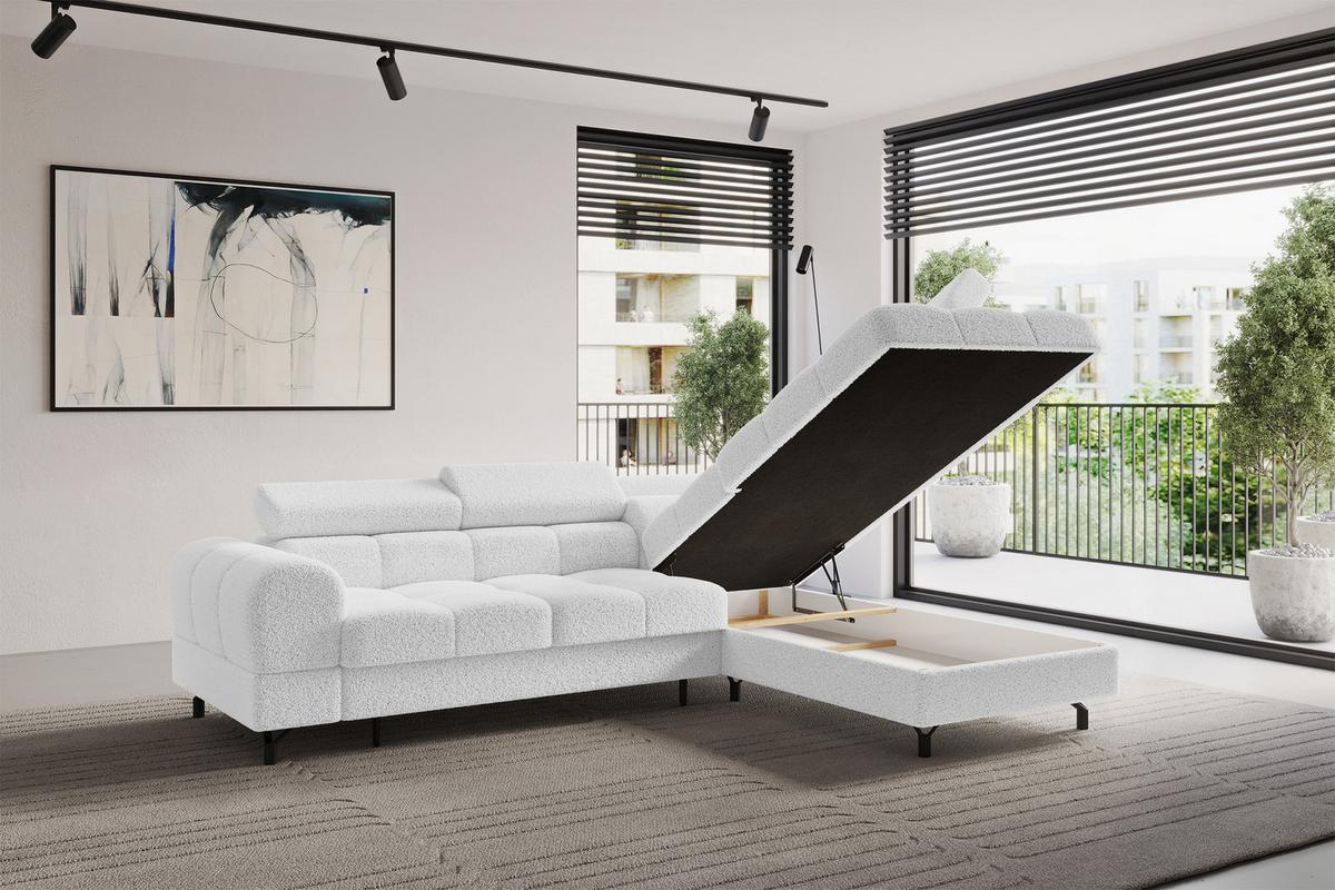 ECKSOFA mit Schlaffunktion Ottomane Rechts LUMA-L 272x203x70 Weiß Bouclé - Schwarz/Weiß, Holzwerkstoff/Kunststoff (203/272cm) - ALTDECOR