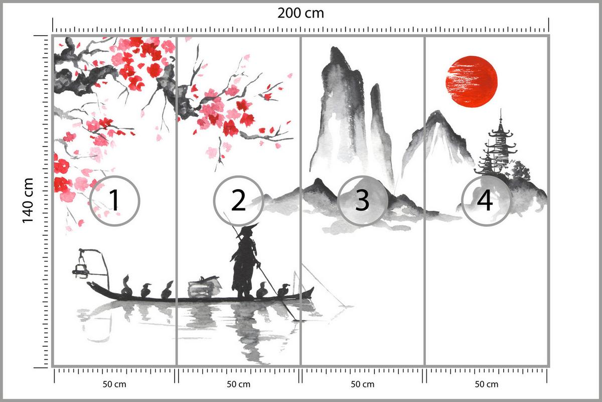 FOTOTAPETE Japanische Landschaft Aquarell 200x140 - Rot/Schwarz, Papier (200/140cm) - Muralo