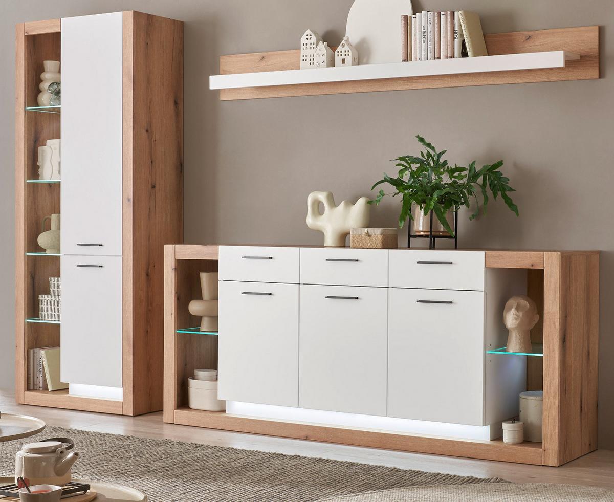 WOHNWAND weiß matt, Evoke Eiche, Wohnkombination Set 3-teilig 298 cm - Eichefarben/Silberfarben, Glas/Holzwerkstoff (298/195/43cm) - Furn.Design
