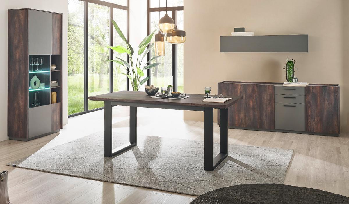 ESSZIMMER-SET Thermo Eiche, grau, Speisezimmer 4-teilig mit Soft-Close - Eichefarben/Schwarz, Glas/Holzwerkstoff (200/200/81cm) - Furn.Design