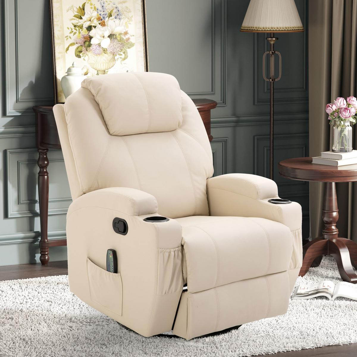 MASSAGESESSEL Fernsehsessel Elektrisch Relaxsessel 5 Massage-Modi Cremeweiß - Creme/Schwarz, Leder/Metall (92/109/84cm) - HOMCOM