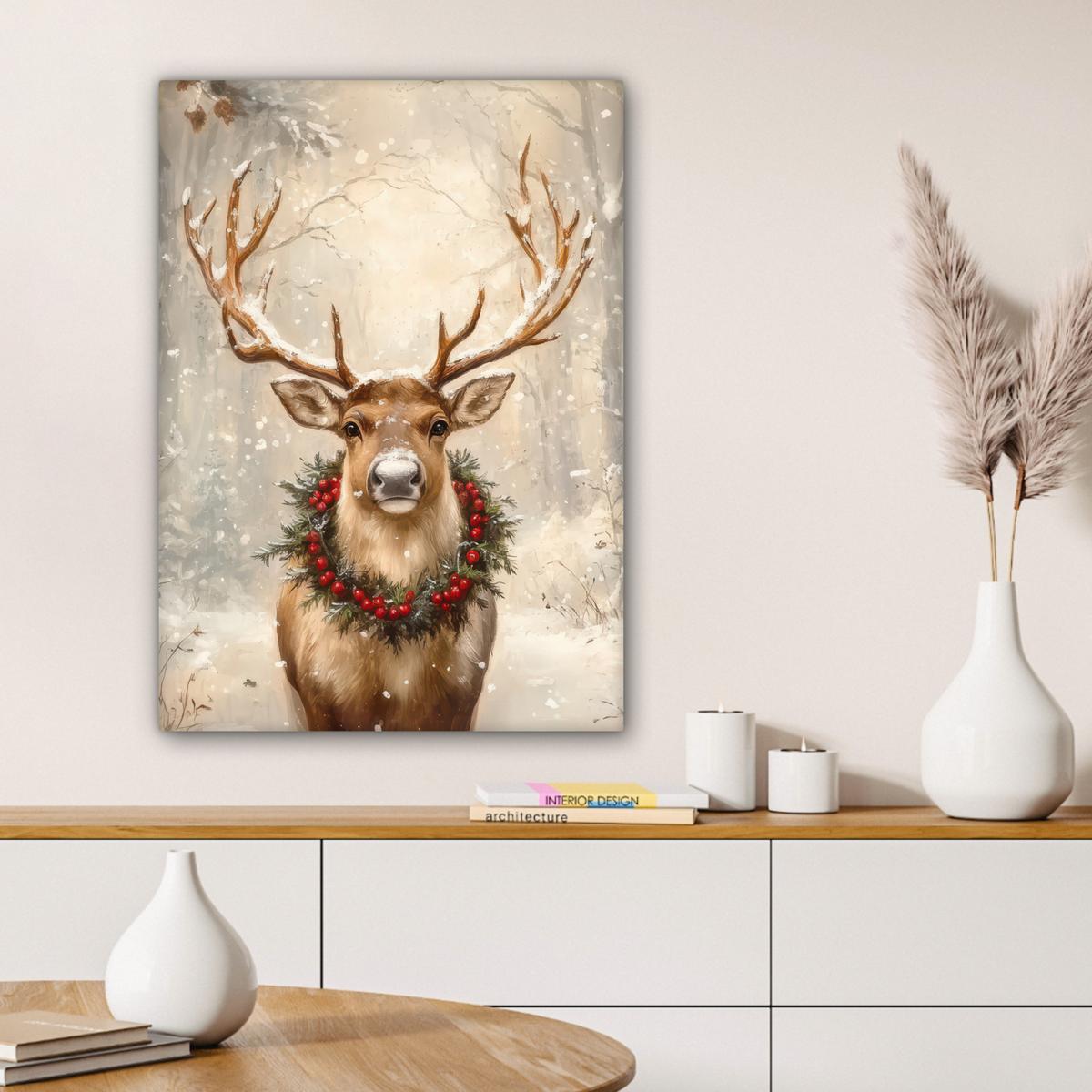 LEINWANDBILD Weihnachten - Rentier - Winter - Kranz Wandbild Wohnzimmer 60x80 cm - Naturfarben, Textil (60/80cm) - MuchoWow