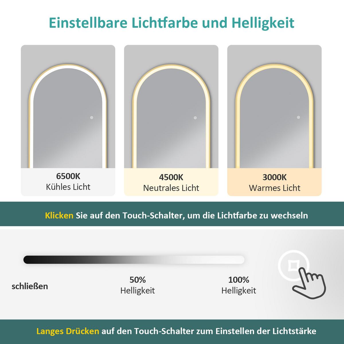STANDSPIEGEL mit Beleuchtung und Rahmen Gold 147/45 cm - Goldfarben, Glas/Metall (45/147/147cm) - EMKE