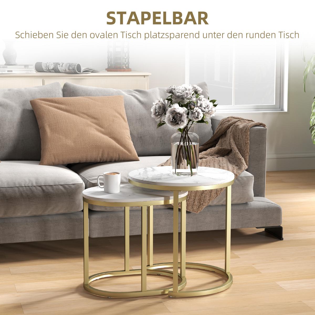 COUCHTISCH rund 2er Set Stapelbarer Beistelltisch mit Stahlrahmen für Wohnzimmer - Weiß, Holzwerkstoff (50/50/50.5cm) - HOMCOM