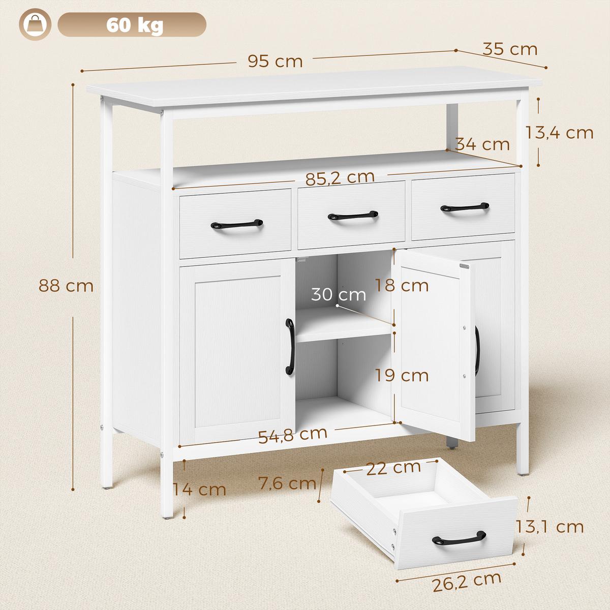 SIDEBOARD Spanplatte Edelstahl Weiß - Edelstahlfarben/Schwarz, Holzwerkstoff/Metall (35/88/95cm) - HOMCOM