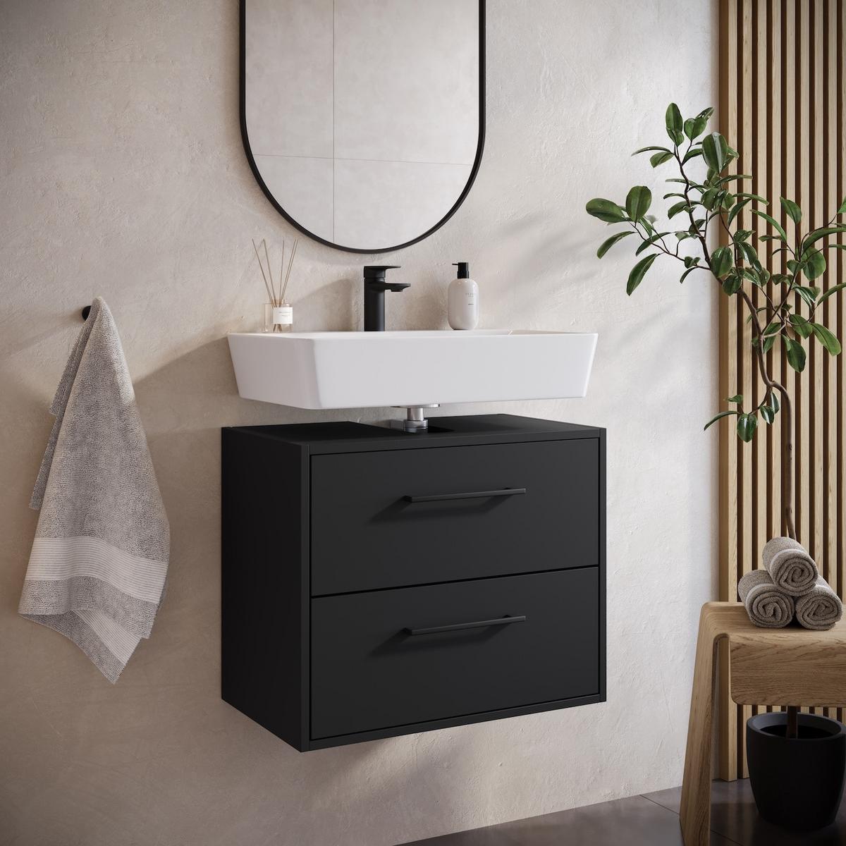 WASCHBECKENUNTERSCHRANK Florence 2 Schubladen Schwarz Mat - 60 x 35 x 47 cm - Schwarz, Holz (60/50/35cm) - Badplaats