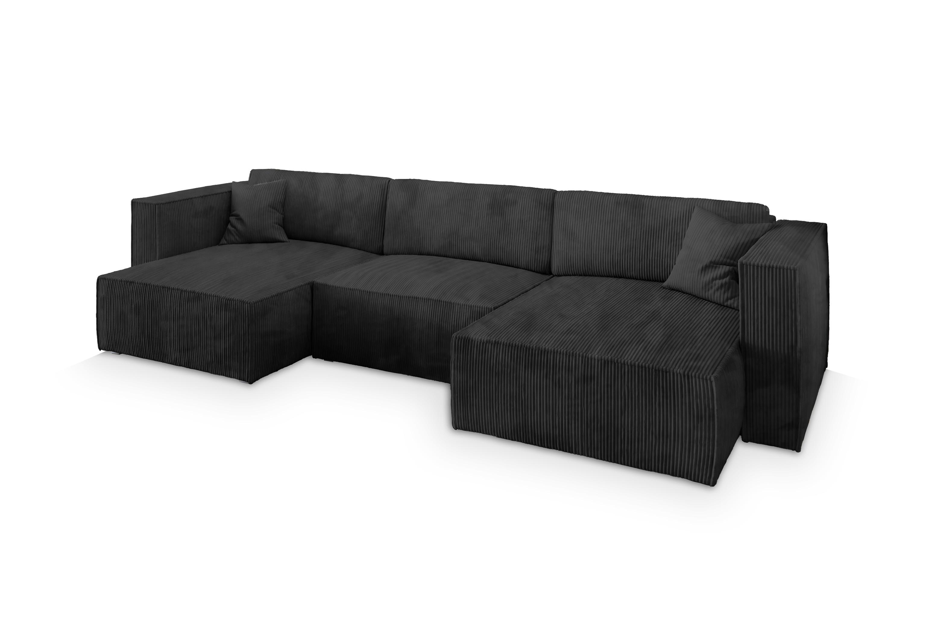 WOHNLANDSCHAFT SARMO P Schwarz Kordstoff mit Schlaffunktion - Schwarz/Grau, Holz/Kunststoff (347/70/148cm) - MASSENO