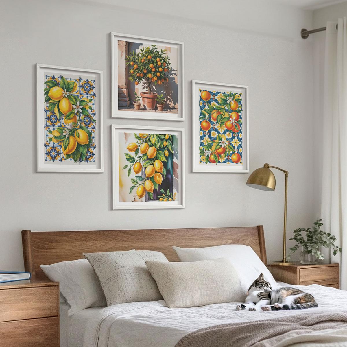BILDER SET 4er Set - 50x50 cm & 40x60 cm Weißer Rahmen - Farbenfrohe abstrakte Zitrusfrüchte - Weiß, Kunststoff (50/50cm) - TULUP