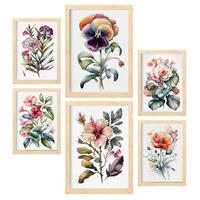 POSTER Set Mit 6 Dunkle Blumen Vollfarbige Natur Und Botanikdrucke Mit Blumenmotiven Auf Reinweißen Hintergründen A3 & A4 Rahmen Aus Hellem Holz - Beige, Papier (29/3cm) - Nacnic